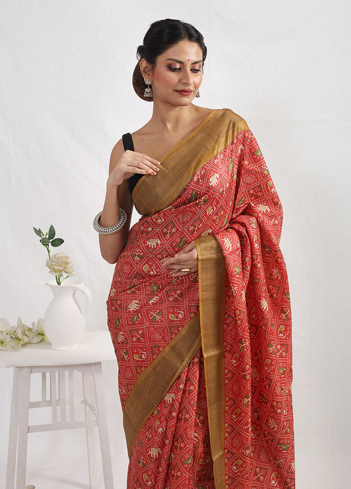 Red Tussar Silk Saree With Blouse Piece - Indian Silk House Agencies