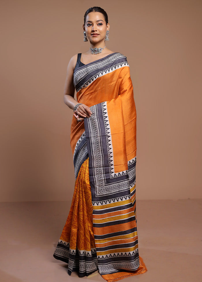 Yellow Printed Pure Silk Saree Without Blouse Piece