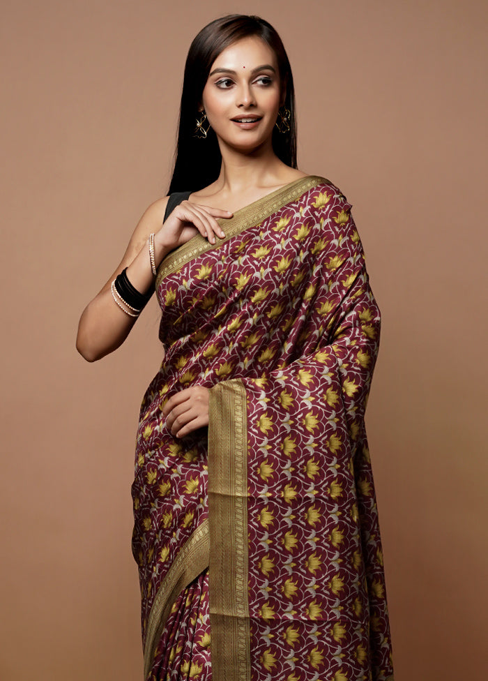 Maroon Printed Pure Silk Saree Without Blouse Piece