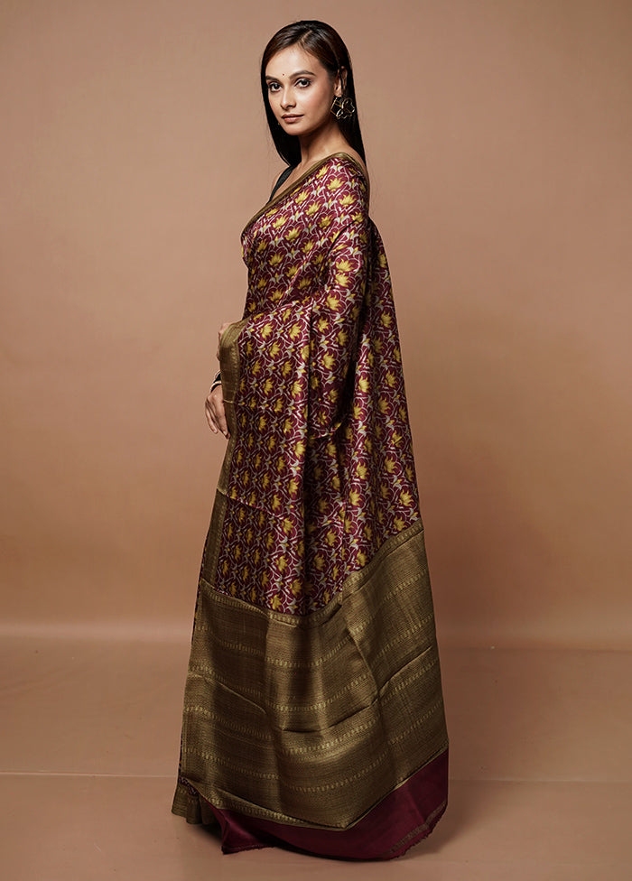 Maroon Printed Pure Silk Saree Without Blouse Piece