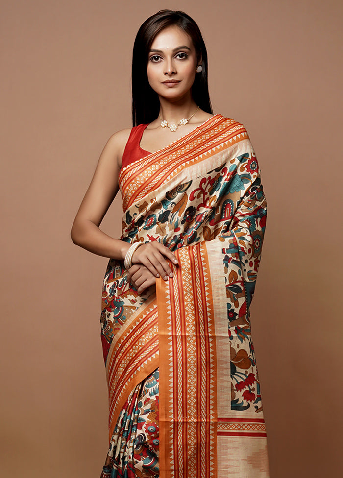 White Printed Pure Silk Saree Without Blouse Piece