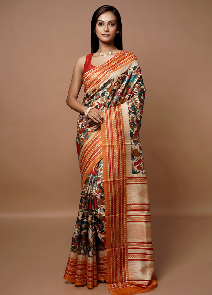 White Printed Pure Silk Saree Without Blouse Piece