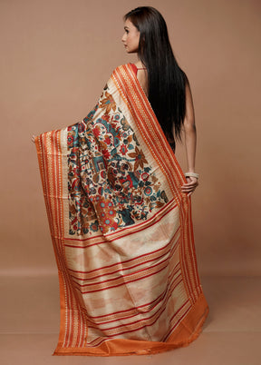 White Printed Pure Silk Saree Without Blouse Piece