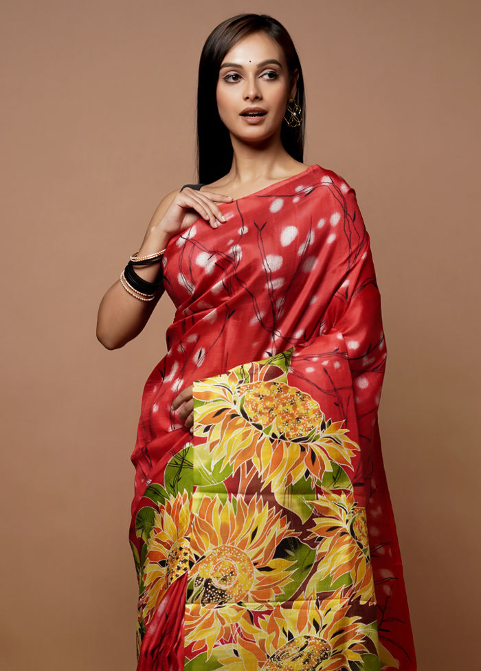 Red Printed Pure Silk Saree Without Blouse Piece