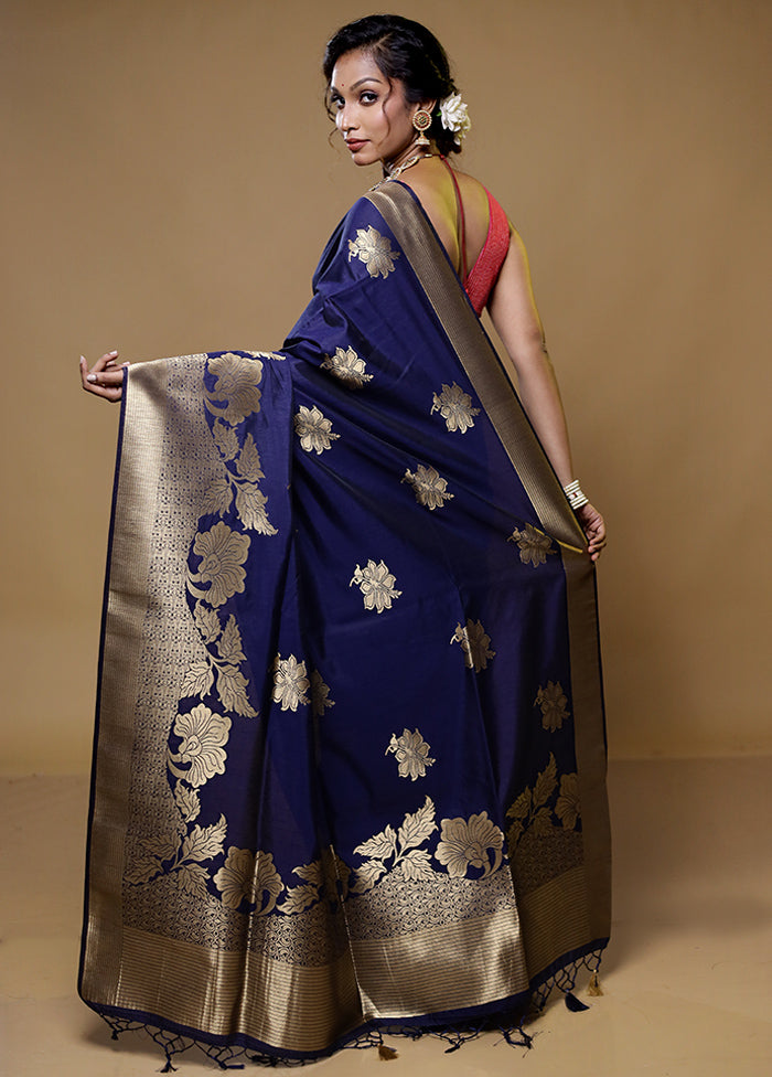 Blue Dupion Silk Saree With Blouse Piece