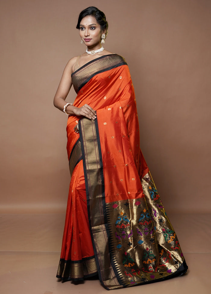 Rust Handloom Kanjivaram Pure Silk Saree With Blouse Piece
