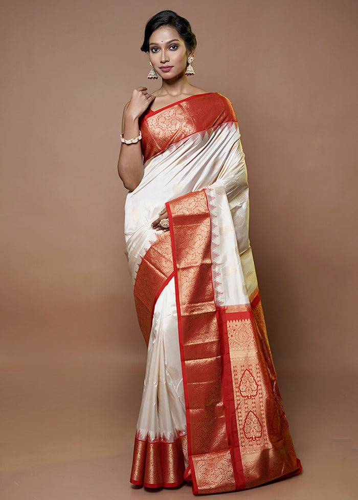 White Handloom Kanjivaram Pure Silk Saree With Blouse Piece