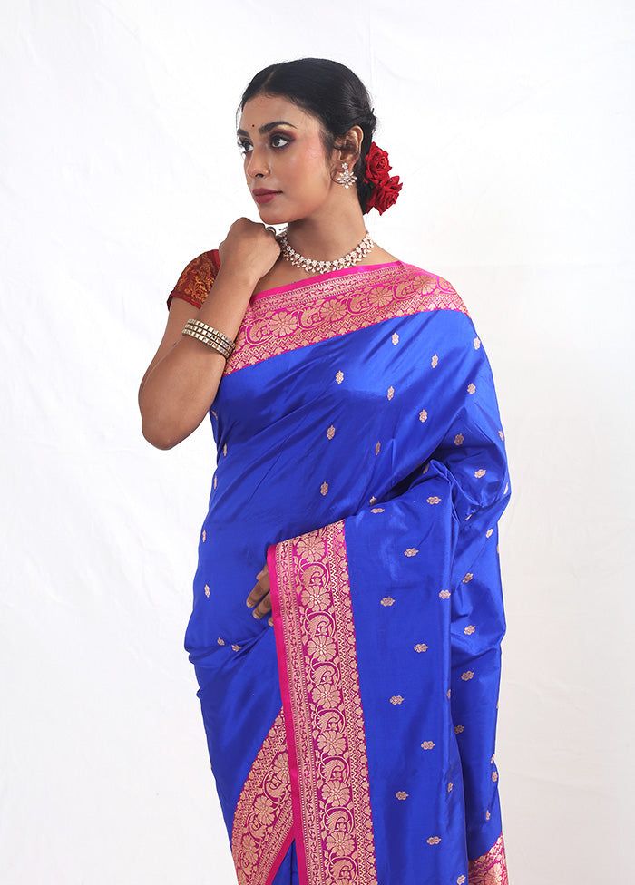 Blue Katan Pure Silk Saree With Blouse Piece - Indian Silk House Agencies