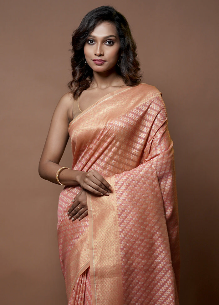 Peach Kora Silk Saree With Blouse Piece