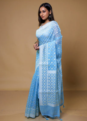 Blue Pure Cotton Saree With Blouse Piece