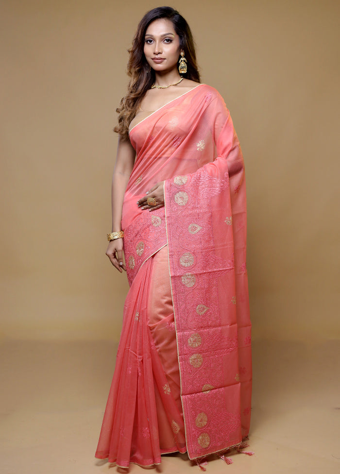 Pink Cotton Saree With Blouse Piece