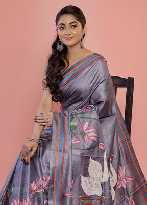 Grey Kantha Stitch Pure Silk Saree With Blouse Piece - Indian Silk House Agencies