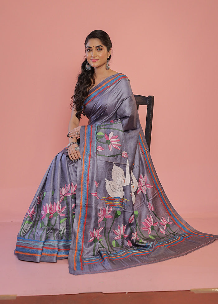 Grey Kantha Stitch Pure Silk Saree With Blouse Piece - Indian Silk House Agencies