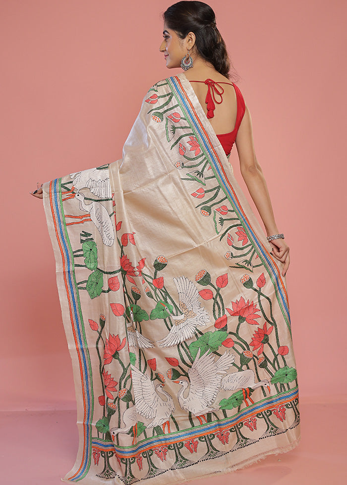 Cream Kantha Stitch Pure Silk Saree With Blouse Piece - Indian Silk House Agencies