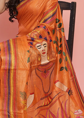 Orange Kantha Stitch Pure Silk Saree With Blouse Piece - Indian Silk House Agencies