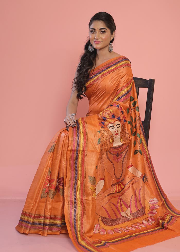 Orange Kantha Stitch Pure Silk Saree With Blouse Piece - Indian Silk House Agencies