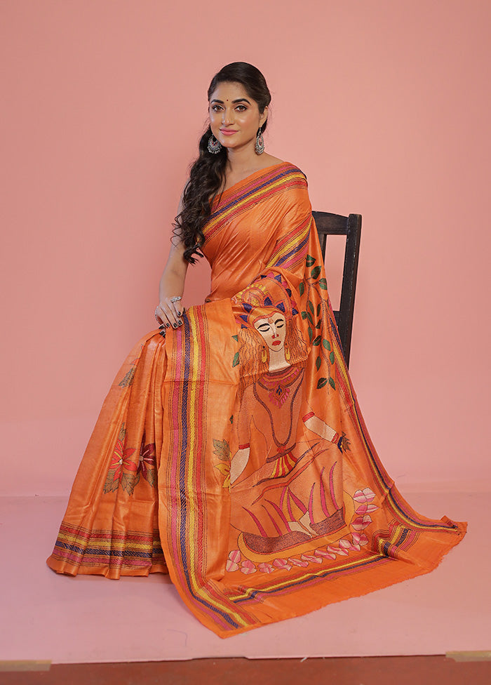 Orange Kantha Stitch Pure Silk Saree With Blouse Piece - Indian Silk House Agencies