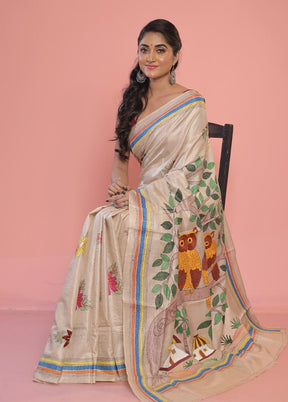 Cream Kantha Stitch Pure Silk Saree With Blouse Piece - Indian Silk House Agencies