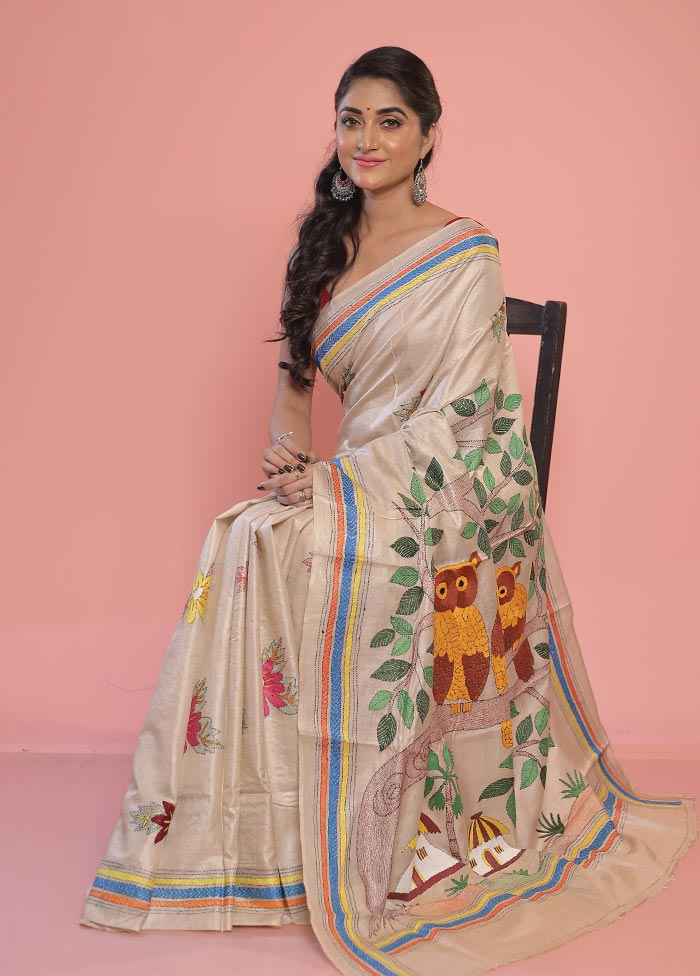 Cream Kantha Stitch Pure Silk Saree With Blouse Piece - Indian Silk House Agencies