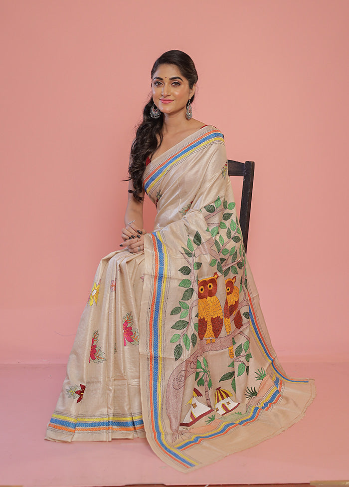 Cream Kantha Stitch Pure Silk Saree With Blouse Piece - Indian Silk House Agencies