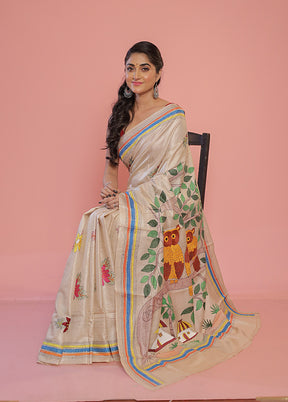 Cream Kantha Stitch Pure Silk Saree With Blouse Piece - Indian Silk House Agencies