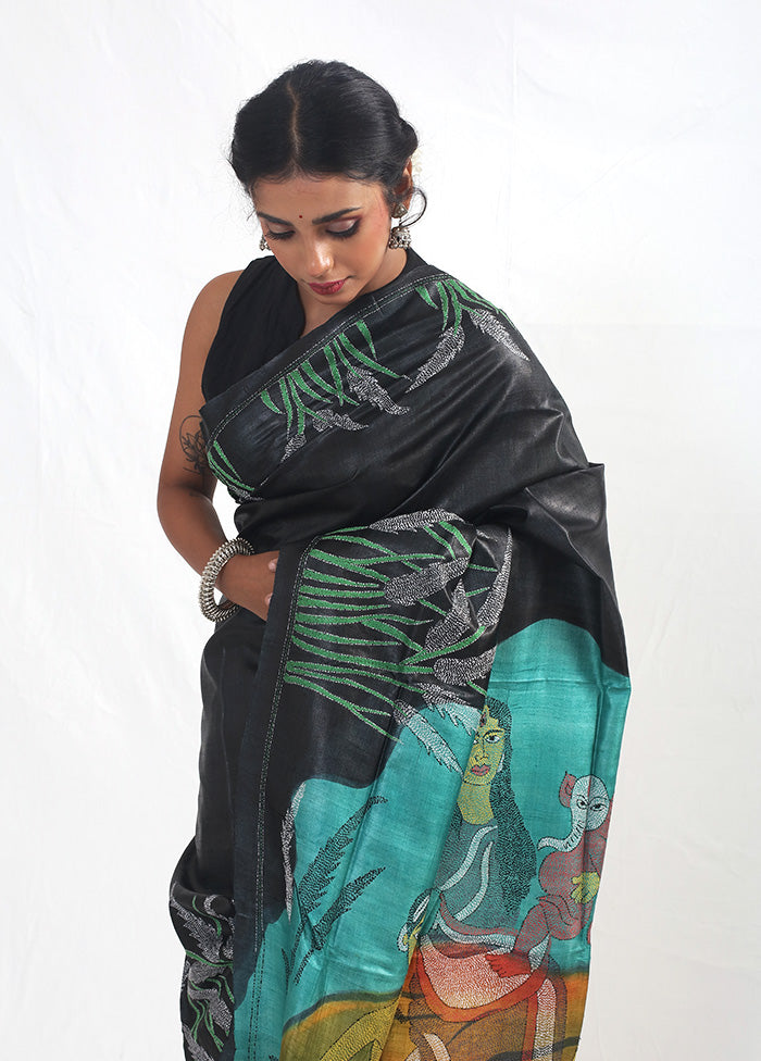 Black Kantha Stitch Pure Silk Saree With Blouse Piece