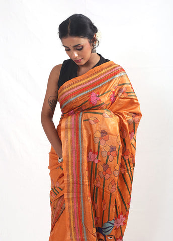 Rust Kantha Stitch Pure Silk Saree With Blouse Piece