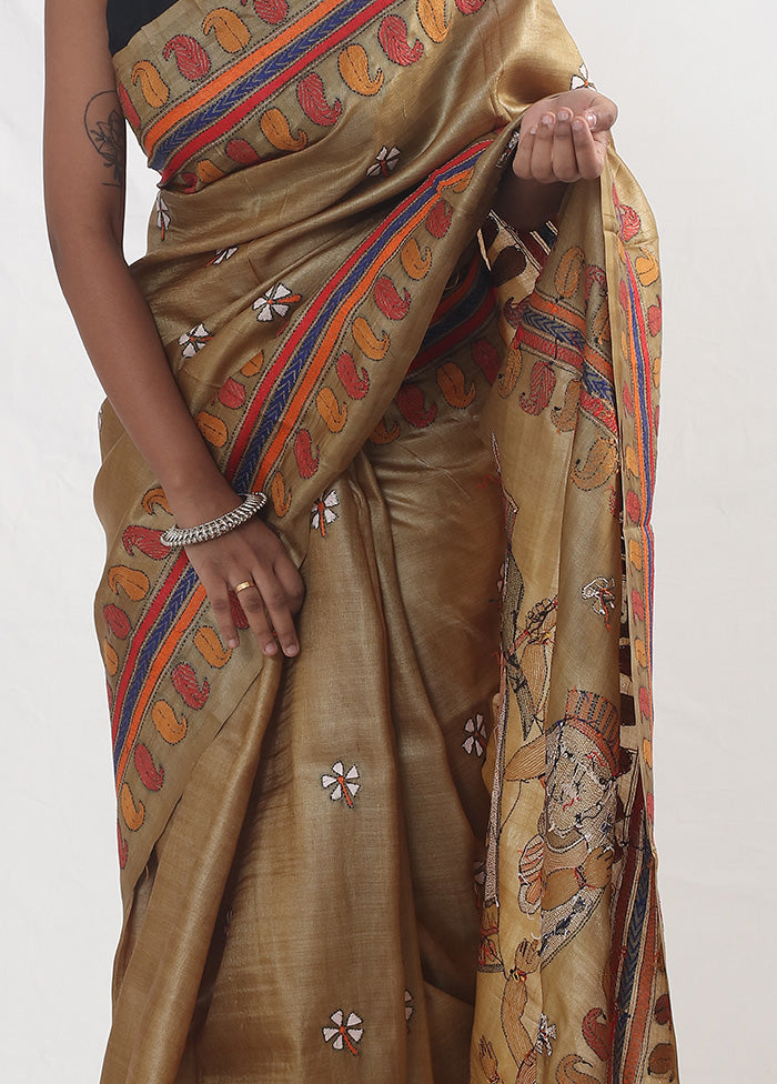 Brown Kantha Stitch Pure Silk Saree With Blouse Piece