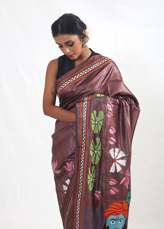 Purple Kantha Stitch Pure Silk Saree With Blouse Piece