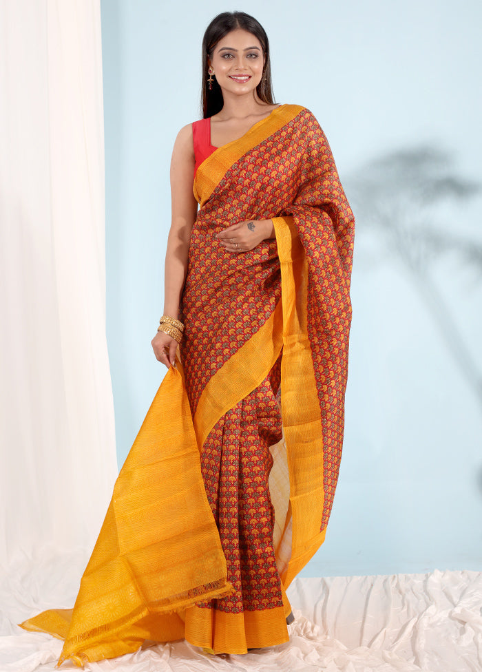 Red Printed Pure Silk Saree With Blouse Piece