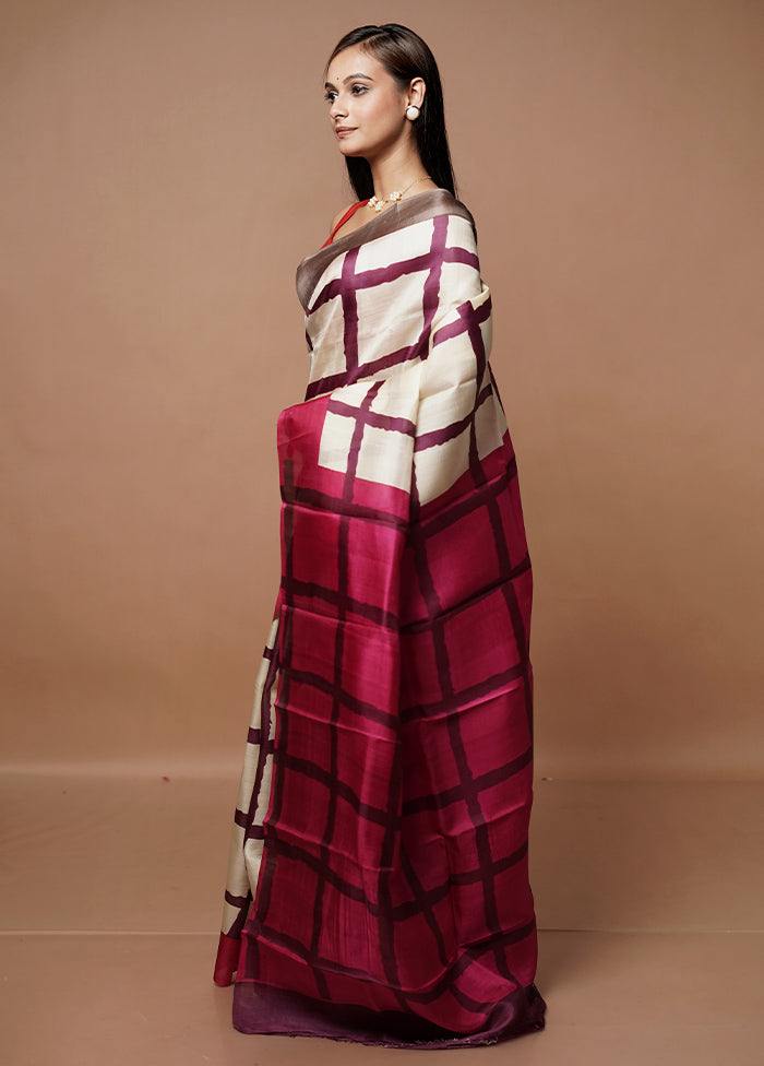 Cream Printed Pure Silk Saree Without Blouse Piece