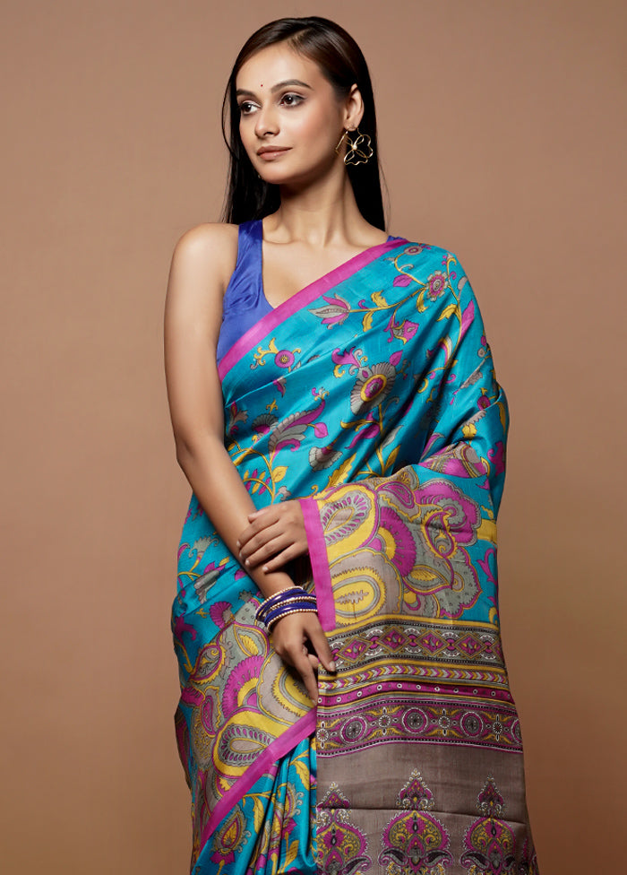 Blue Printed Pure Silk Saree Without Blouse Piece