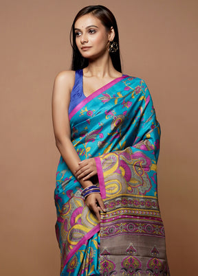 Blue Printed Pure Silk Saree Without Blouse Piece