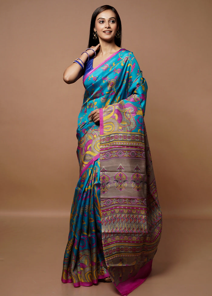 Blue Printed Pure Silk Saree Without Blouse Piece