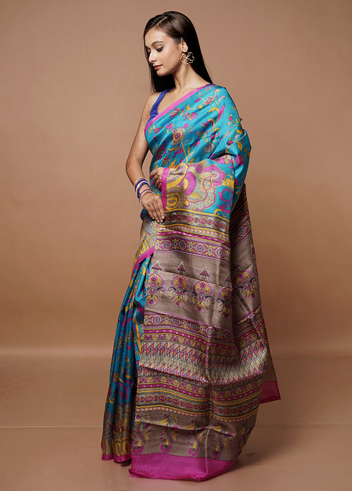 Blue Printed Pure Silk Saree Without Blouse Piece