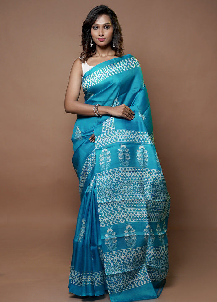 Blue Printed Pure Silk Saree With Blouse Piece