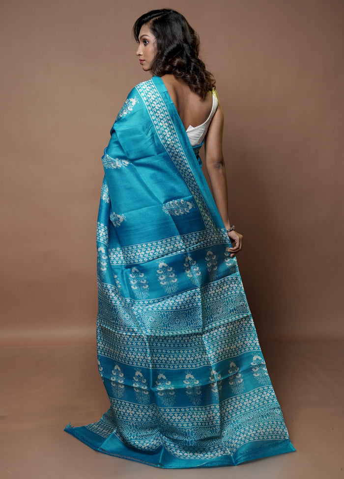 Blue Printed Pure Silk Saree With Blouse Piece