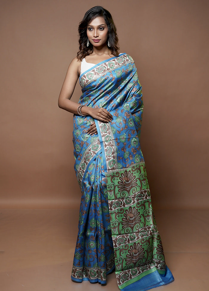 Blue Printed Pure Silk Saree With Blouse Piece