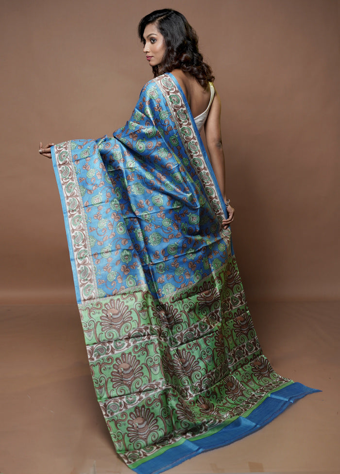 Blue Printed Pure Silk Saree With Blouse Piece