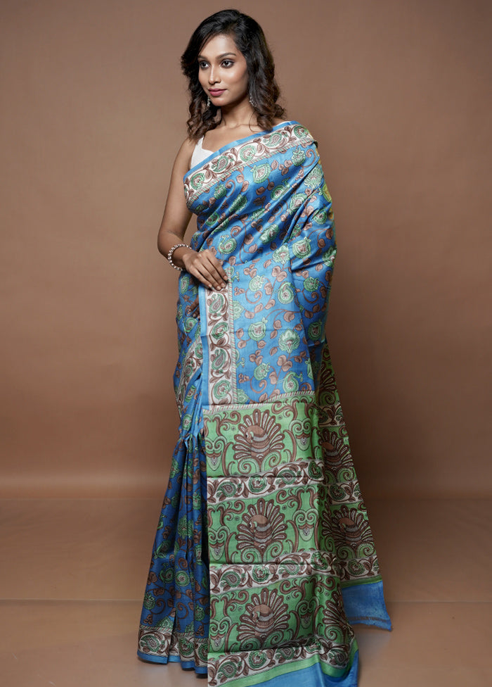 Blue Printed Pure Silk Saree With Blouse Piece