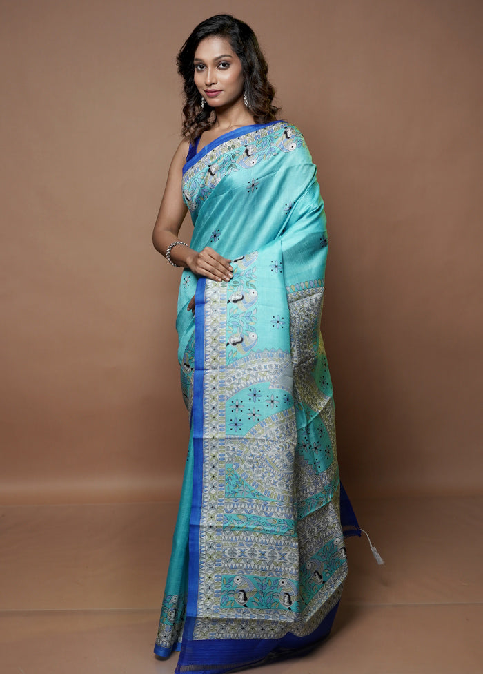 Blue Printed Pure Silk Saree Without Blouse Piece