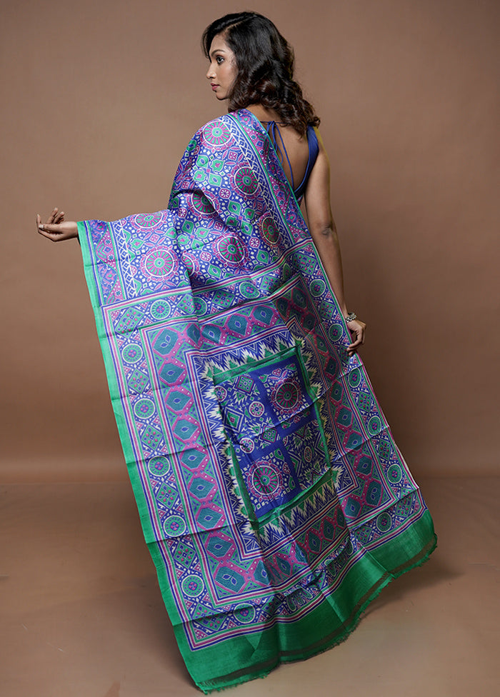 Blue Printed Pure Silk Saree Without Blouse Piece