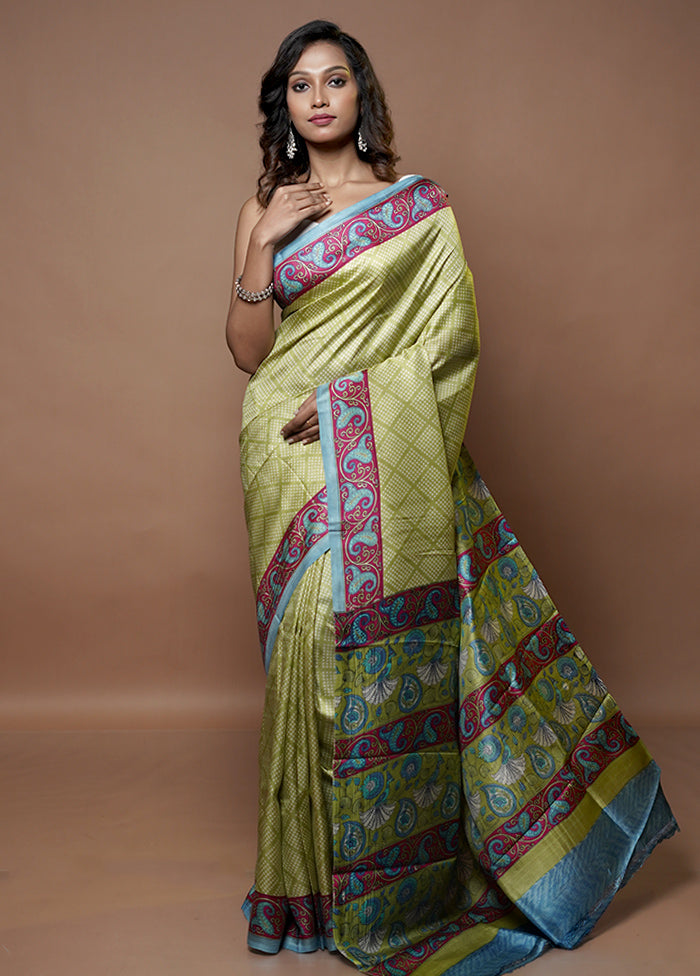 Green Printed Pure Silk Saree Without Blouse Piece