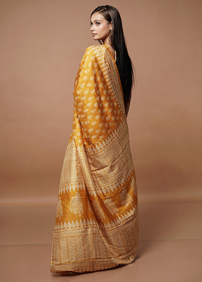 Yellow Printed Pure Silk Saree Without Blouse Piece