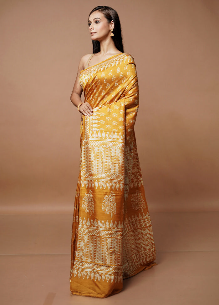 Yellow Printed Pure Silk Saree Without Blouse Piece