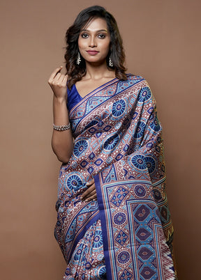 Blue Printed Pure Silk Saree With Blouse Piece