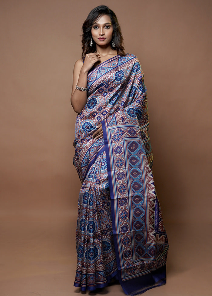 Blue Printed Pure Silk Saree With Blouse Piece