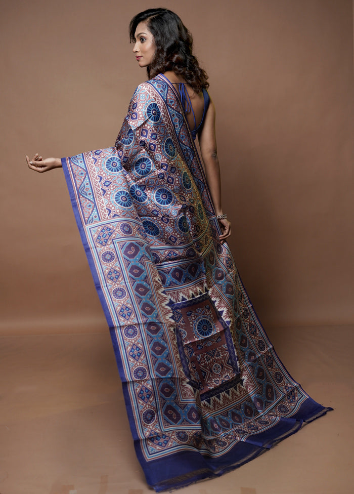 Blue Printed Pure Silk Saree With Blouse Piece