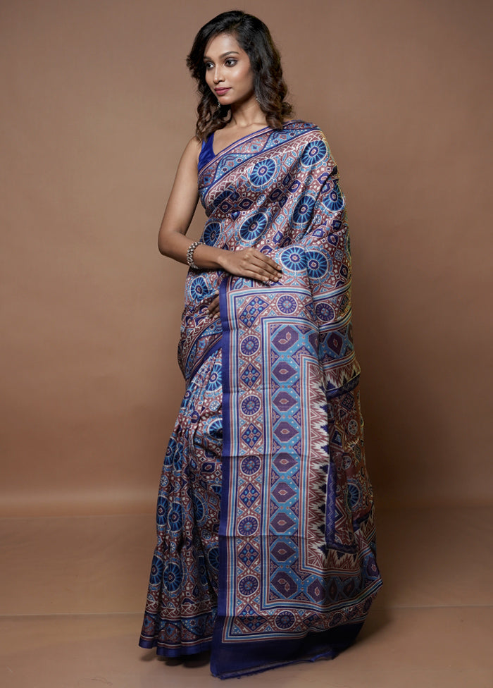 Blue Printed Pure Silk Saree With Blouse Piece