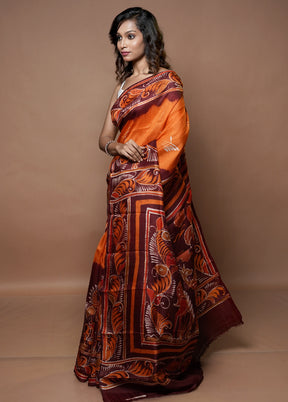 Brown Printed Pure Silk Saree Without Blouse Piece